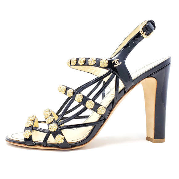 CHANEL Shoes - Chanel Heels CC Logo Strappy Caged Sandals Pumps Floral Gold Black Leather EU 39